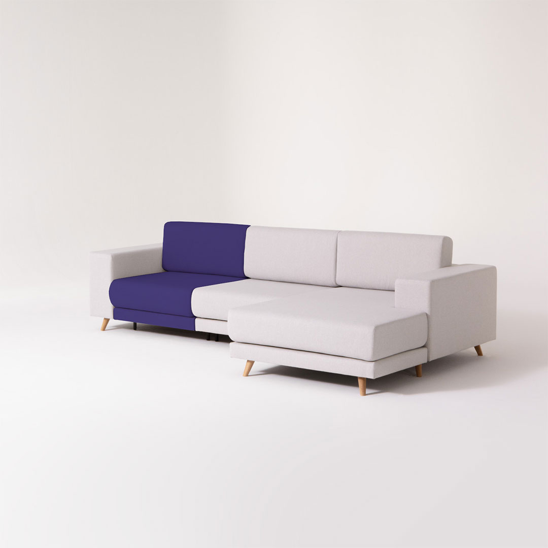Dreisitzer Sofa TYME in grau und lila mit Recamiere von MYCS